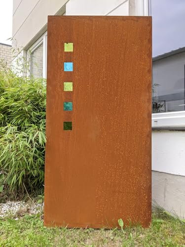 Zen Man Garten Sichtschutz aus Metall 1mm Rost Gartenzaun Gartendeko Edelrost Sichtschutz Wand mit Farbige Glas (032120-1:B75 H180cm)
