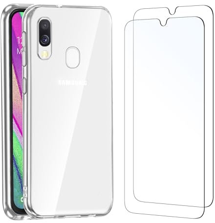 NEW'C Hülle für Samsung Galaxy A40 - Ultra Transparent Silikon Weiches TPU Gel und 2 × Panzer Schutz Glas für Samsung Galaxy A40 - Anti Scratch