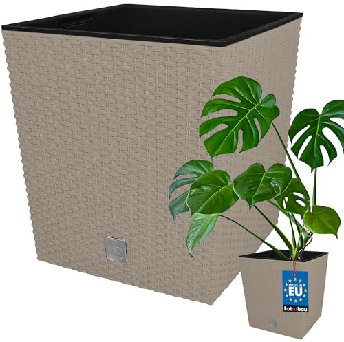 KOTARBAU® Pot De Fleur Carré De 64L Avec Insert | Pot En Plastique Couleur Moka | Pot Intérieur | Pot De Jardin À Texture De Rotin | Avec Cache-Pot Extérieur | Pot De Fleur Rectangulaire