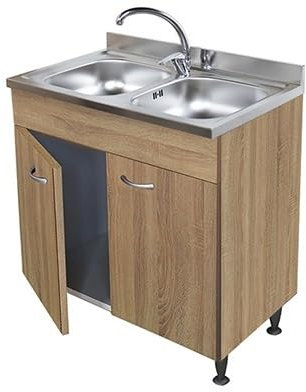Mobile cucina 2 sportelli con lavello inox 80cm, 2 vasche, sottolavello rovere