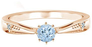 MOONEYE Konischer Schaft 5 mm runder Aquamarin-Edelstein 925er Sterlingsilber-natürlicher weißer Zirkonia-Solitärring (Roségold-Vermeil, 14)