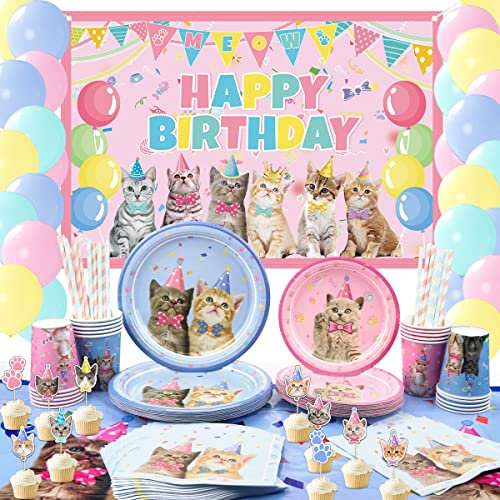 LSJDEER Juego de suministros para decoración de fiestas de gatos, vajilla para gatitos, incluye telón de fondo de feliz cumpleaños de gato, globos de macarrón, platos llanos, 20 porciones