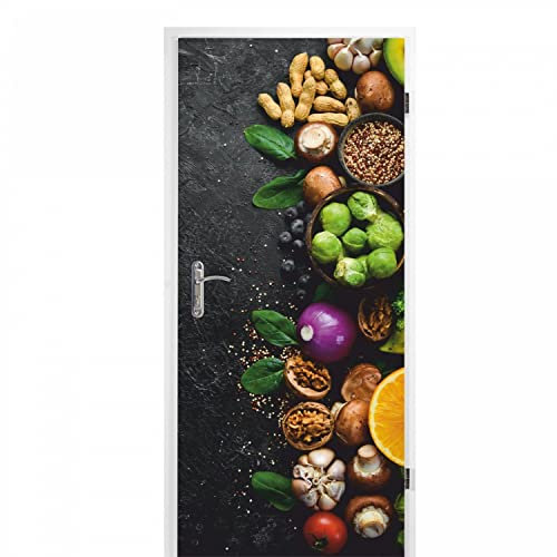 nikima Schönes für Kinder selbstklebendes Türbild - Küche 0,9 x 2 m (16,66 €/m²) - Türtapete Türposter Klebefolie Dekorfolie Früchte Obst und Gemüse