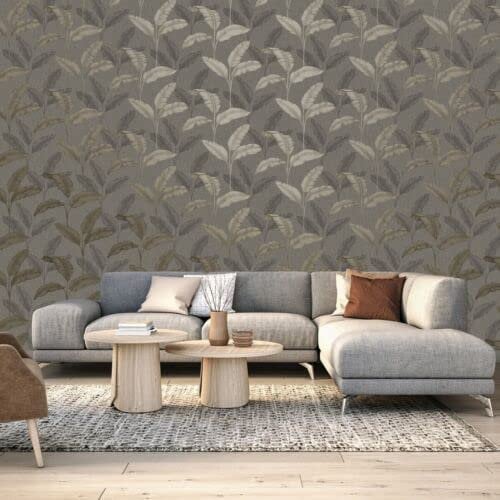 SOPHIE LAURENCE Pewter Gold Tropical Amara Palm Leaf Design Wallpaper – Unique Design and Quality Print for an Instant Wall Upgrade