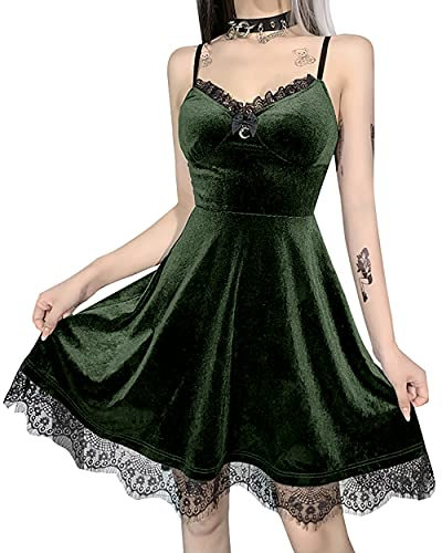 DINGJIUYAN Gothic Lace Short Dress Black Mini Dress Half Moon Corset Gothic Sexy Backless Party Dress, Green, M