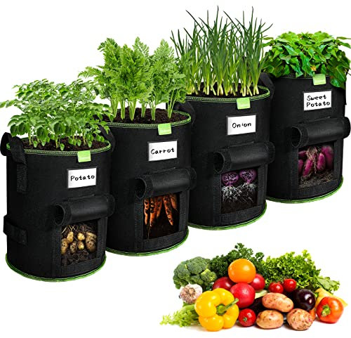 SIMBOOM 4Pcs 40L Sac de Plantation de Pommes de Terre, Sac de Culture en Tissu Sac Pomme de Terre avec Poignées et Fenêtre, Pots pour Tomates, Carottes, Fraises, Légumes