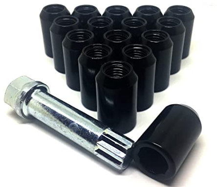BIMECC Set of 16 Alloy Wheel Tuner Nuts with Tuner Key - Compatible with Ford, Mazda, Honda, Kia, Suzuki - M12x1.5 Slim Lug Nuts - Taper - Black - Slimline