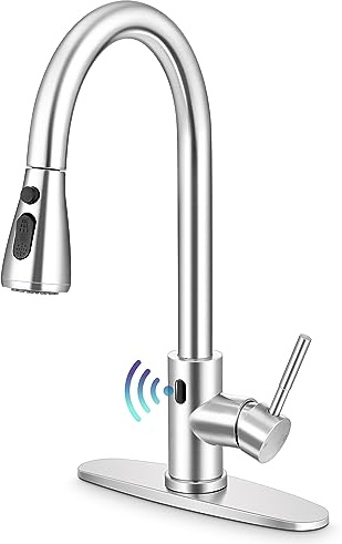 Herogo - Grifo de fregadero de cocina sin contacto con rociador extraíble, níquel cepillado 18/10, grifo activado inteligente para fregadero de cocina, grifo de cocina con sensor de movimiento de una