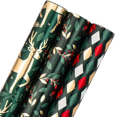 Holijolly Grünes Weihnachts-Geschenkpapier - Mini-Rolle mit Metallic-Folie - Rentier/Beerenblätter/Raute für Geschenkverpackungen, DIY-Basteln - 43,2cm×305cm - 3 Rollen (42.5 sq.ft.ttl.)