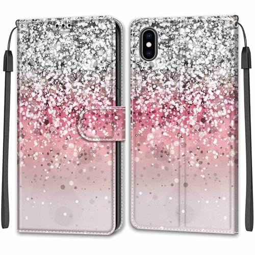 KENHONER Wallet Case for iPhone X/XS, silver pink | PU Leather Shockproof Protective, Kickstand, Flip Wallet, Magnetic Closure,Lanyard