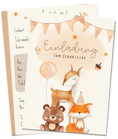 MeinBaby123® 10 Einladungskarten Kindergeburtstag Jungs und Mädchen | Geburtstagseinladungen für Kinder | Wald Tiere Boho | inkl. 10 Briefumschläge | Premium Qualität (Süße Tiere V4)