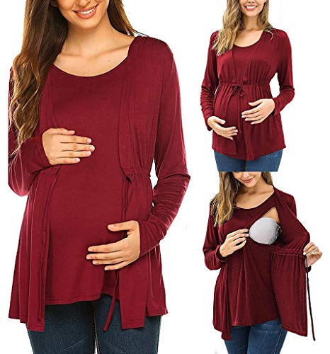 DondPO Stillkleid Festlich, Weich Baumwolle Knöpfen Stilltop Stillshirt Festliche Langarm Longtop Umstandsbluse Stilloberteile Stretch Schwangerschaft Umstandsmode Nursing Tops Umstandstop
