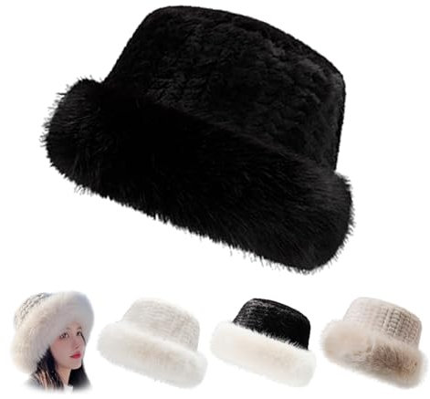 ZPLMIDE Damen Warme Mode Synthetische Pelz Fischerhut Winter Kunstpelz Fuzzy Bucket Hut Warme Flauschige Fischermütze, Schwarz , 6 7/8/7 3/8
