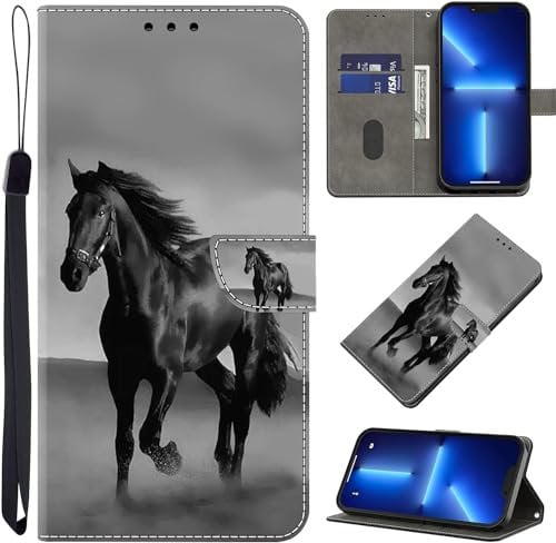 GLANDOTU Case for iPhone SE 2022 5G / SE 2020/ iPhone 8/7/6, Multi-Pattern PU Leather Wallet Flip Case with Stand, Card Holder, Black Horse
