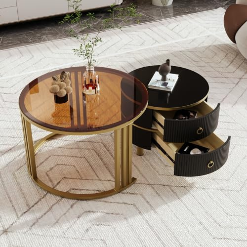 Mesa de centro redonda MDF 2 en 1 con tapa brillante y mármol blanco, cajones cristal+negro 70x70x46 + 50x50x40 cm