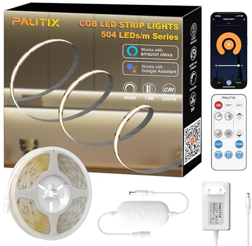 PAUTIX COB LED Streifen Weiß 4000K 7.5m 504LEDs/M Dimmbar 24V Flexibel LED Streifen light Set mit RF Fernbedienung/Smart App/Alexa Steuerung und Netzteil,CRI90+ Helligkeit für Home DIY Dekoration