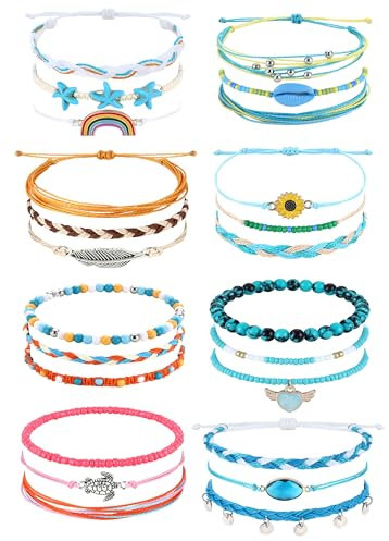 Kakonia 24 Pcs Ankle Bracelets for Women Beach String Beaded Bracelets for Women Adjustable Women's Anklets Boho Holiday Bracelet Set Handmade Rope Summer Bracelets Foot Jewellery