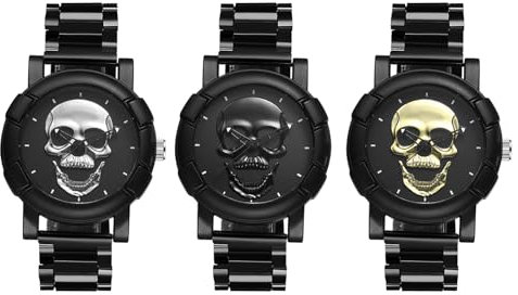 JewelryWe Herrenuhr Lederarmband Halloween Set: 6 Stück Steampunk Totenkopf Schädel Analog Quarz Edelstahl Armbanduhr mit Verstellbar Geflochten Leder Armband Schmuckset Uhr Armreif Set für Herren