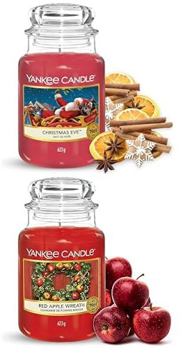 Bundle of Yankee Candle Scented Candles | Christmas Eve Large Jar Candle | Red Apple Wreath Large Jar Candle | Long Burning Scented Candles: up to 150 Hours