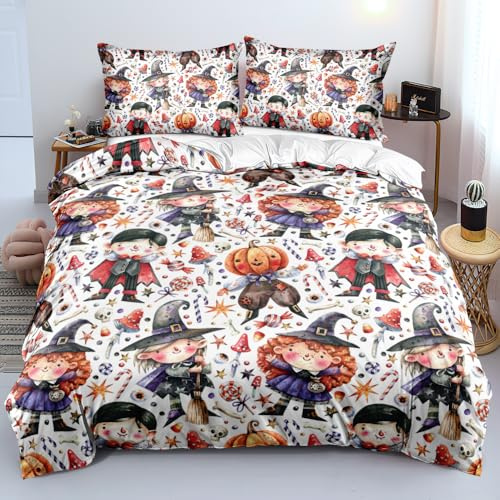 Luowei Halloween Bettwäsche 155x220 Kürbis Kinder Schädel 3D Bettwäsche Halloween Weich Microfaser Bettbezug Set 3 Teilig für Kinder Teenager Geschenk mit Reißverschluss und 2 Kissenbezüge 80x80 cm