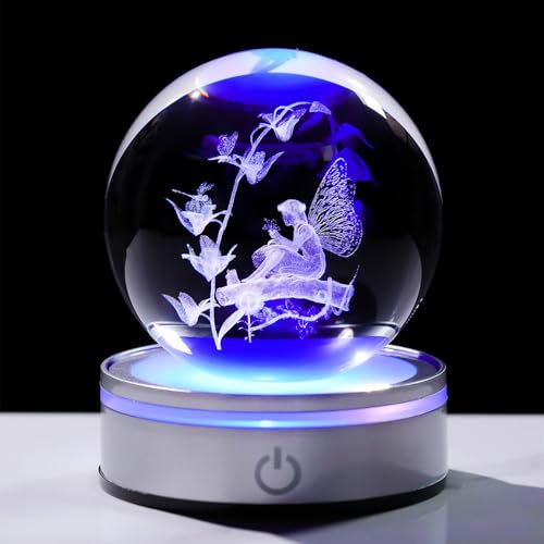 Kristall-3D-Fee, 8 cm Kugelfigur, Geschenke für Frauen, Sammlerstück, Hexenkugel aus Glas für ihr Zimmer mit LED-Lichtsockel, Schneekugel, Andenken für Feenliebhaber, Heimdekoration