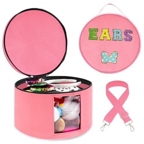 gjulrfu Heaband Holder Organizer, Large Round Tiara Tote Storage Box, Headband Ears Display Storage Box with Shoulder Straps (Pink)