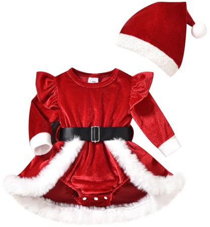 FYMNSI Baby M�dchen Weihnachtskleid Neugeborenes Weihnachtsmann Kost�m Kleinkind Weihnachten Partykleid Herbst Winter Samtkleid Santa Claus Langarmkleid Festliches Festkleid mit Hut Rot 0-3 Monate