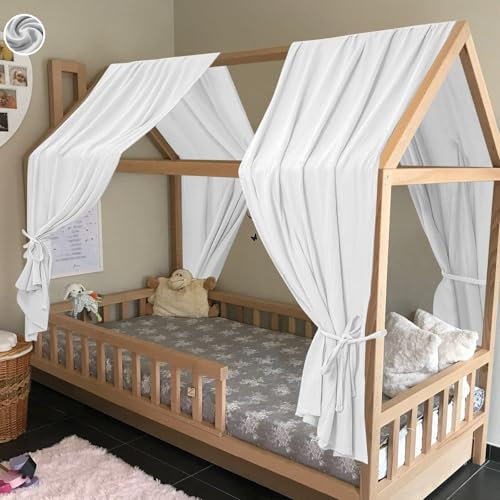 HOTUT Hausbett Himmel,2 Stück Betthimmel Babybett aus Musselin,Weich und atmungsaktiv Baldachin Kinderzimmer Deko,Babybett Himmel Deko Set für Mädchen & Jungen-62 x 270cm Weiß