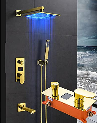 EPOTRDCV Set di rubinetti per Doccia digitali Dorati, soffione Doccia a Pioggia a LED, Oro, Display Digitale della Temperatura a 3 Vie, Miscelatore per Vasca,