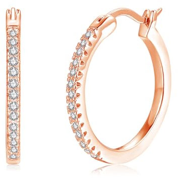 Cangall Silver Hoop Earrings for Women Girls, 925 Sterling Silver Hoops Earrings with Zircon, Hypoallergenic Earrings Rose Gold Fashion 20mm Lightweight Rose Gold Huggie Earrings Jewelry for Birthday