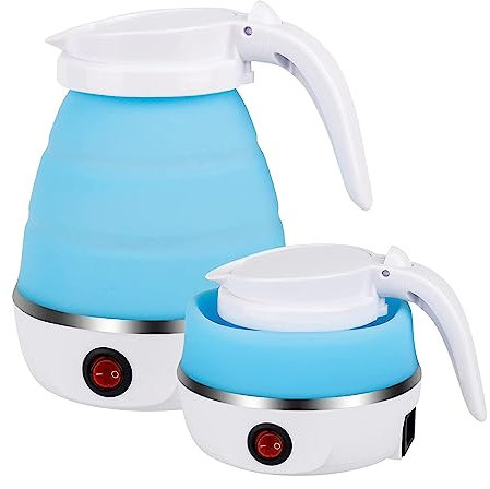 Foldable Electric Kettle for Travel, Portable Collapsible Silicone Boiler, Tea/Coffee Maker with Detachable Power Cord, Ideal for Outdoor Hiking, Caravan, and Bedroom Use (Blue)