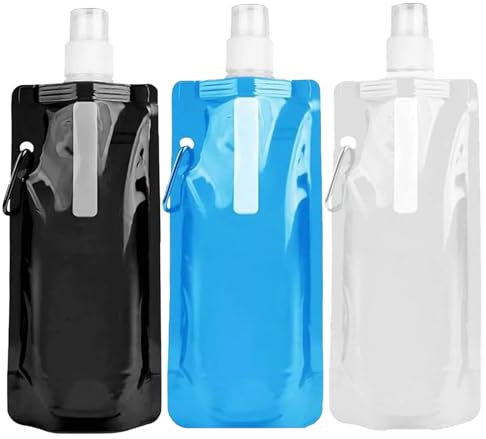 Catelves 3 Stück Faltbare Trinkflasche 500ML, Trinkflasche Faltbar, Collapsible Water Bottle, Unisex Adult Trinkbeutel, BPA-Freie Faltbare Wasserflasche mit Clip für Festival Camping Wandern Abenteuer