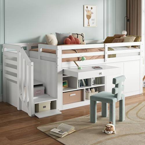 LTGB Wooden Children's Bed with Stairs and Storage Space, Stairs/Cabinets Interchangeable on the Left and Right, Drawers Reversible and Usable as a Desk, Without Mattress, 90 * 190cm, White