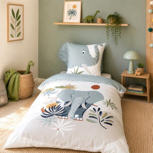 CÔTE DECO Bettwäsche Elefant, 140 x 200 cm, für Kinder, Bettbezug Elefant in der Savanne + 1 Kissenbezug 63 x 63 cm, gesteppte Ohren, Motiv Savanne Tiere, Mikrofaser