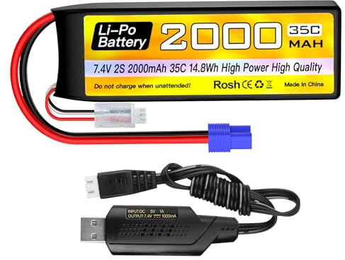 1PCS 2S Lipo Battery 7.4V 2000mAh 35C with EC2 Plug with 1PCS USB Charging Line for RC Cars Trucks Boats Quadcopter