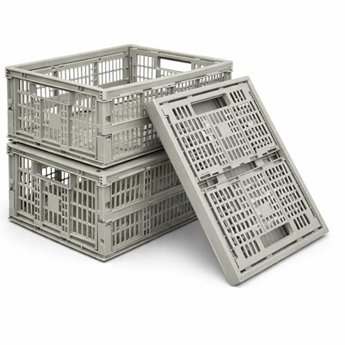 e Dukan 5x Folding Storage Crates with Handles – Stackable Collapsible Plastic Storage Boxes 33L – Foldable Baskets for Home, Kitchen, Office & Car – Durable Space-Saving Design – Grey