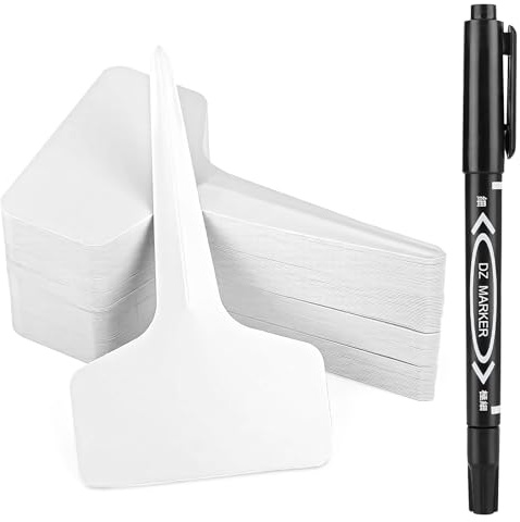 100Pcs 6x10cm T-Type Plant Labels with Marker Pen, Waterproof Plastic Plant Markers for Outdoor Indoor Plants, Herbs, Flowers, Vegetables, Seedlings & Potted Plants