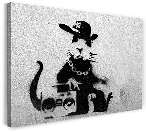 Printed Paintings Leinwand (120x80cm): Banksy - Ratte mit Ghettoblaster Rat Graffiti Kunst Street