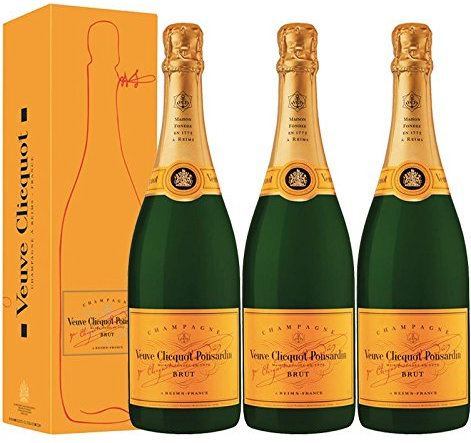 LOT 3 CHAMPAGNES VEUVE CLICQUOT BRUT CARTE JAUNE 75cl AVEC ÉTUIS