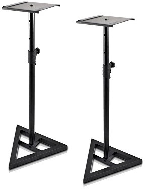 Pyle Universal Monitor Speaker Stands - Heavy Duty Studio Speakers Holder 9” Metal Square Platform 26” - 52” Telescopic Height Adjustment & Three-Point Triangle Base Plate w/Floor Spikes - AZPSTND35