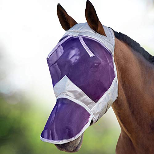 Harrison Howard CareMaster Dicke Fleece Polsterung Transparent Fine Mesh Pferde Fliegenmaske UV-Schutz ohne Ohren mit Nasenschutz Silber/Lila Vollblut (M)