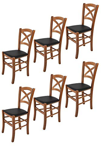 Tommychairs - 6er Set Stühle CROSS für Küche und Esszimmer, Struktur aus lackiertem Buchenholz im Farbton Helles Nussbraun und gepolsterte Sitzfläche mit KUNSTLEDER in der Farbe Schwarz bezogen