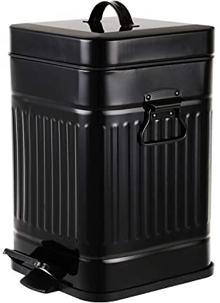 Cubo de basura de baño con tapa, pequeño cubo de basura para el hogar, dormitorio, papelera retro con cierre suave, cubo de basura de metal vintage para oficina, 5 litros/1.3 galones, negro brillante
