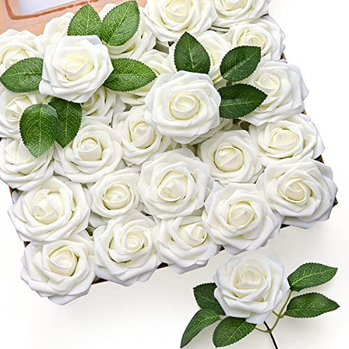 Mocoosy 50Pcs fiori artificiali di rose bianche, rose finte in schiuma bianca avorio sfuse con stelo per bouquet da sposa centrotavola composizioni fiori artigianato DIY decorazioni per la casa feste