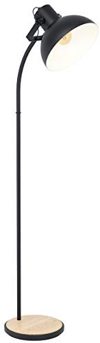 EGLO Stehlampe Lubenham, 1 flammige Vintage Stehleuchte im Industrial Design, Retro Standlampe aus Stahl und Holz, Farbe: Schwarz, braun, Fassung: E27, inkl. Trittschalter