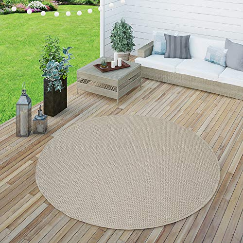 Paco Home In- & Outdoor Teppich wetterfest für Garten, Terrasse & Balkon flachgewebt in Moderner Sisaloptik einfarbig pflegeleicht & UV-beständig Beige, Grösse:Ø 160 cm Rund