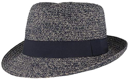 Breiter Strohhut Trilby, Sommerhut, Sonnenhut, knautschbar, einfarbige Ripsband-Garnitur, Hautfreundlich, Blau meliert, S