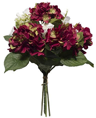 2474U Kunstblumen-Strauß Rosalie Künstliche Blumen im Strauß gebunden Seidenblumen Hortensie Bordeaux rot Pfingsrose weiß Naturgetreu Witterungsbeständig Grabdekoration Grabstrauß ohne Vase