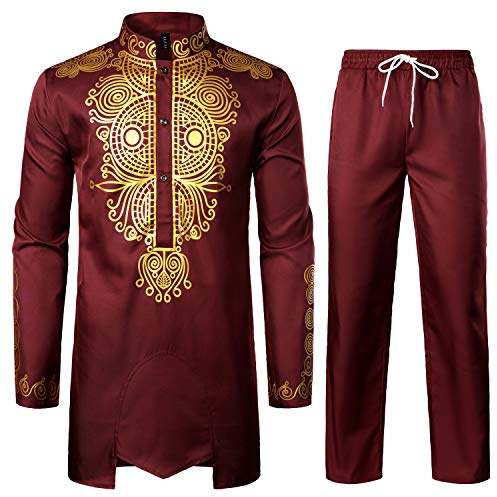 LucMatton Men's African Attire 2 Piece Set Long-Sleeve Gold Foil Printing Dashiki and Pants Outfit Traditional Suit Burgundy Large