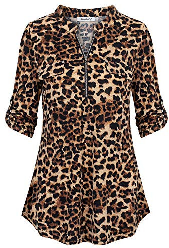 Ninedaily Damen 3/4 Ärmel Plaid Shirts Reißverschluss Floral Casual Tunika Bluse Tops, A-Leopardenmuster, XX-Large